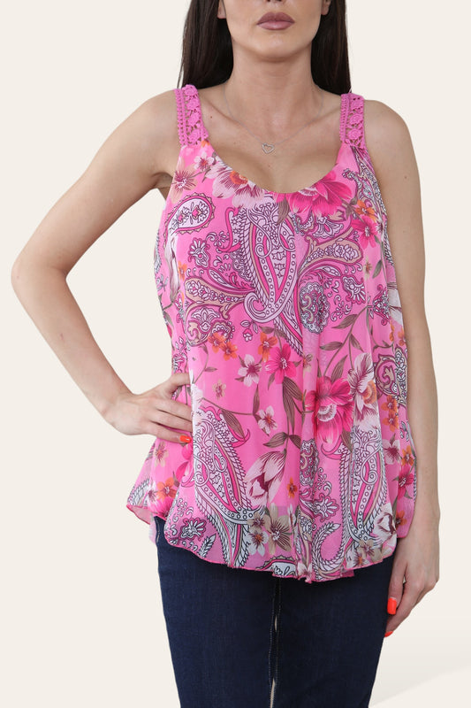 FLORAL PAISLEY PRINT SLEEVELESS BLOUSE TOP CERISE