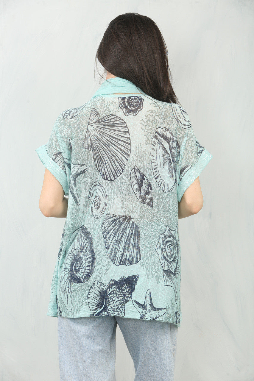 NAUTISCHE SCHELPEN PRINT SJAAL TOP - MINT