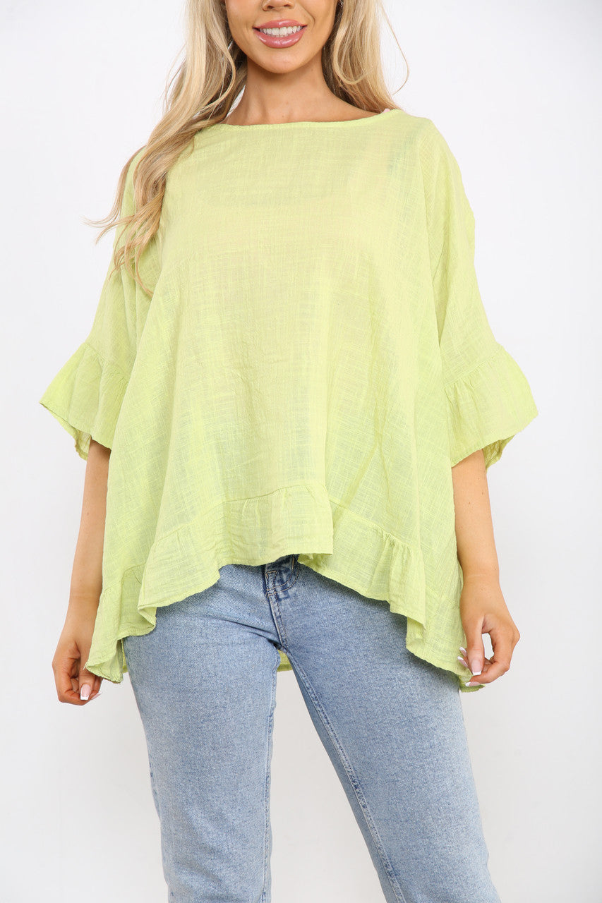 Ladies Frill Sleeve & Hem Plain Top Lime