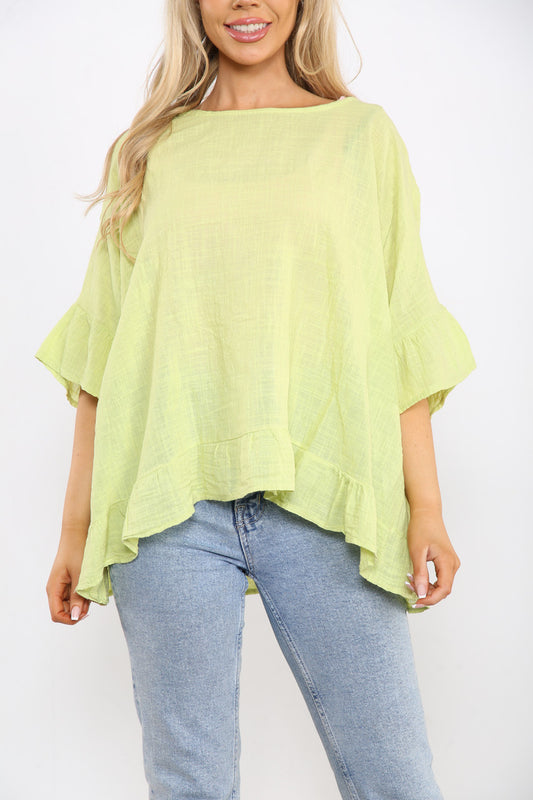 Ladies Frill Sleeve & Hem Plain Top Lime