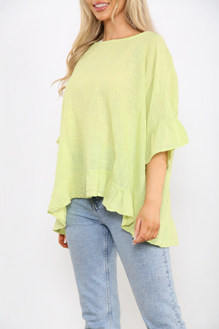 Ladies Frill Sleeve & Hem Plain Top Lime