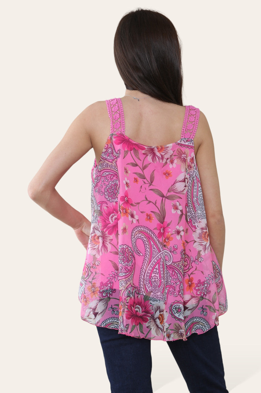 FLORAL PAISLEY PRINT SLEEVELESS BLOUSE TOP CERISE