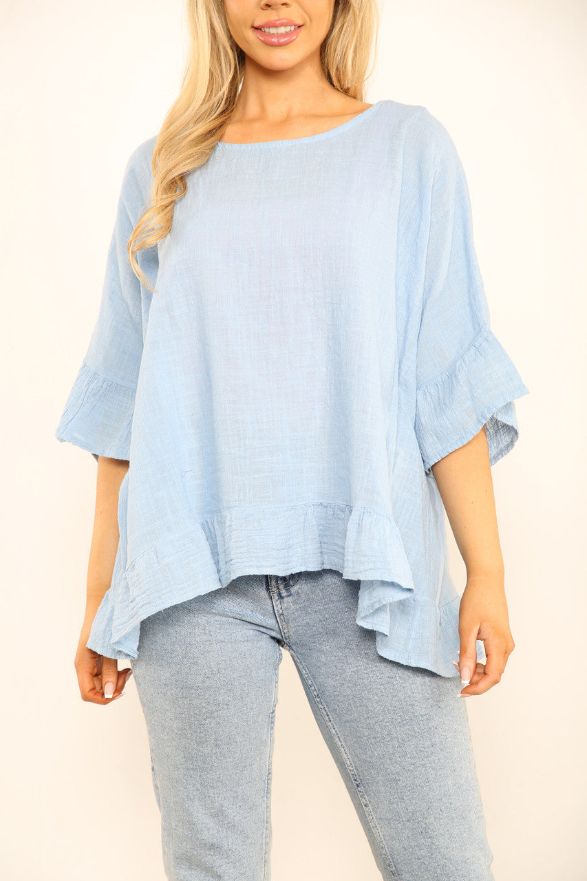 Ladies Frill Sleeve & Hem Plain Top Light Blue