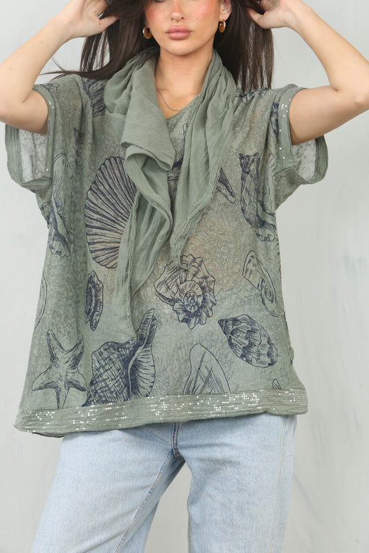 NAUTICAL SHELLS PRINT SCARF TOP - KHAKI