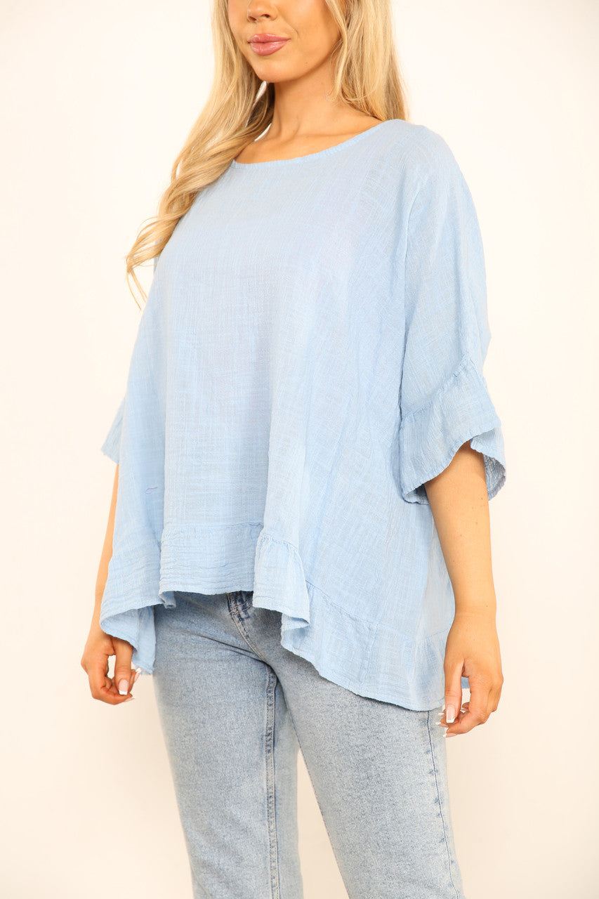 Ladies Frill Sleeve & Hem Plain Top Light Blue