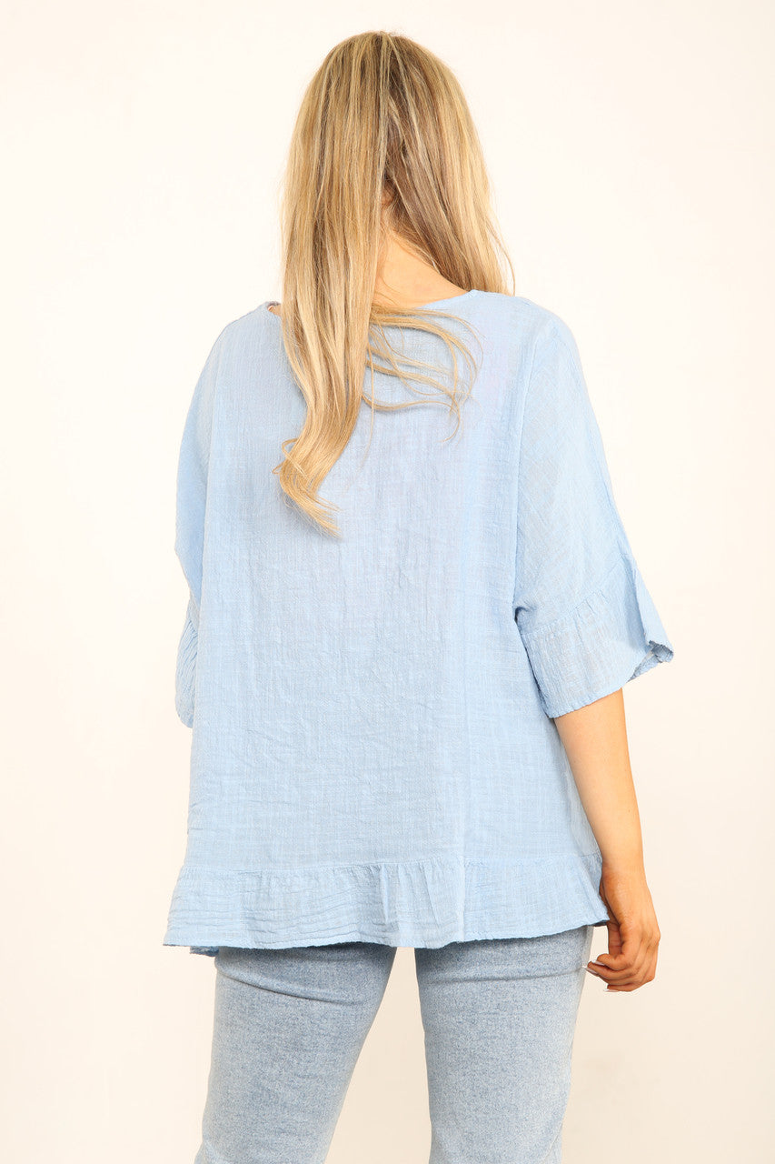 Ladies Frill Sleeve & Hem Plain Top Light Blue