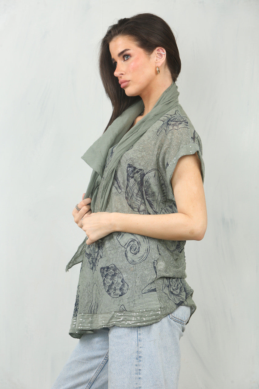 TOP MET NAUTISCH SCHELPENPRINT - KAKI