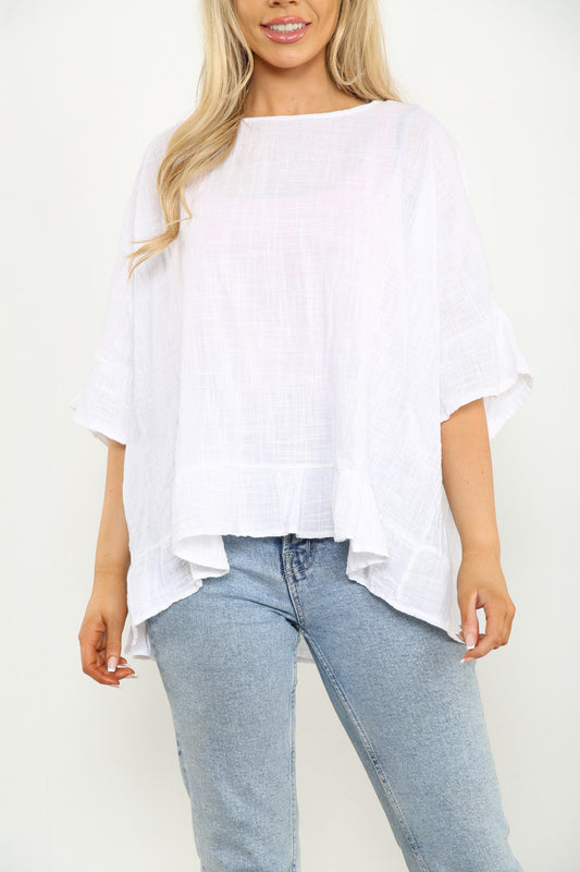 Ladies Frill Sleeve & Hem Plain Top White