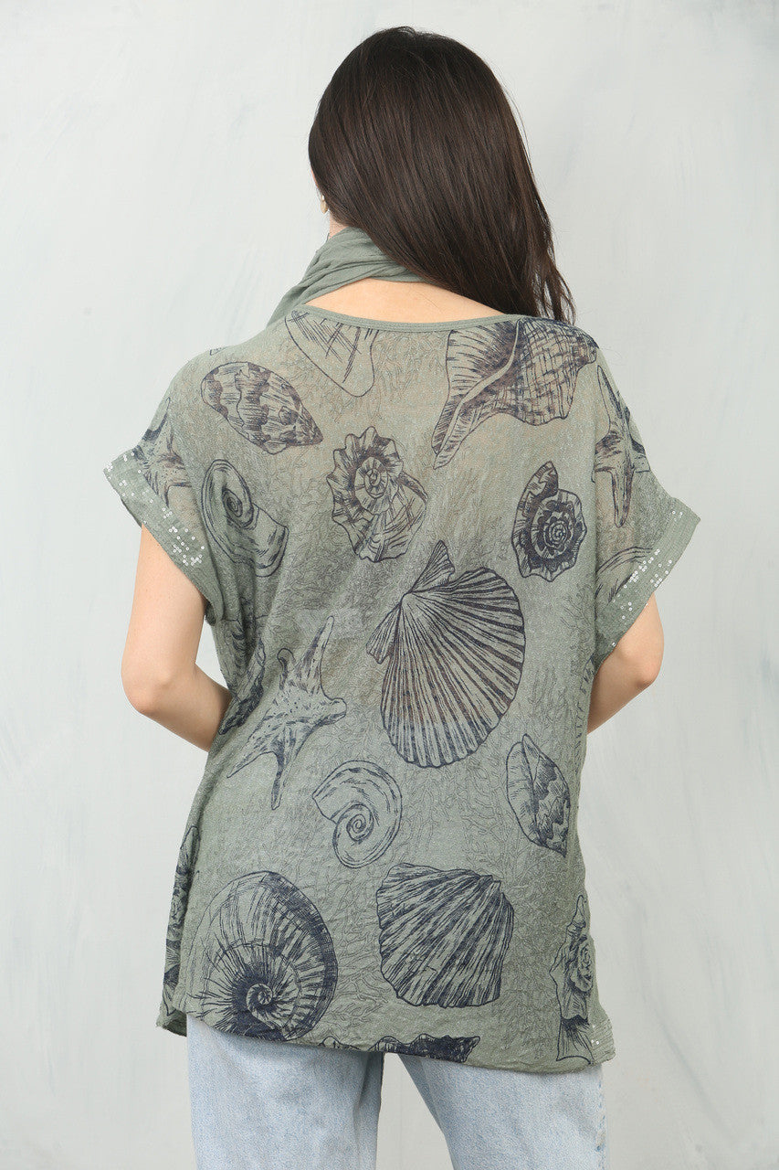 TOP MET NAUTISCH SCHELPENPRINT - KAKI