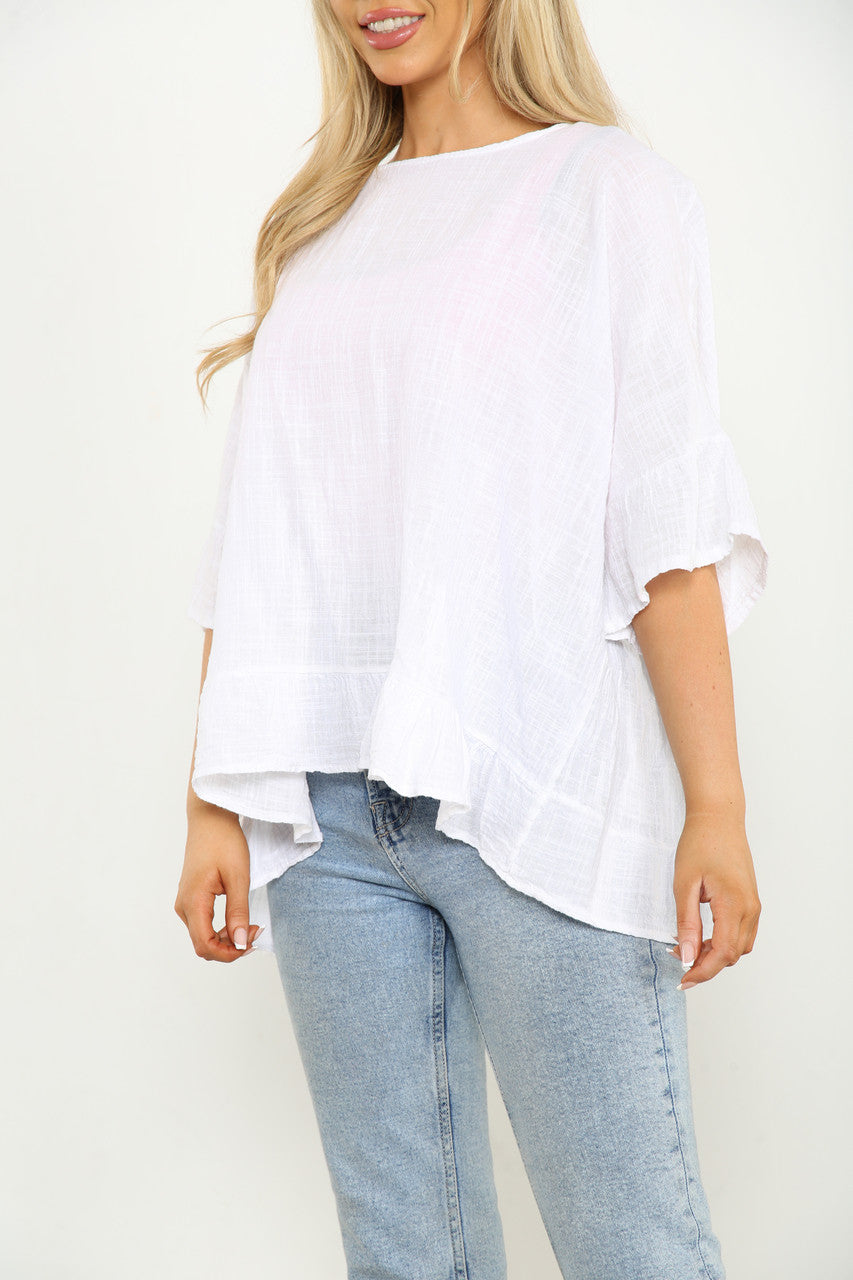 Ladies Frill Sleeve & Hem Plain Top White