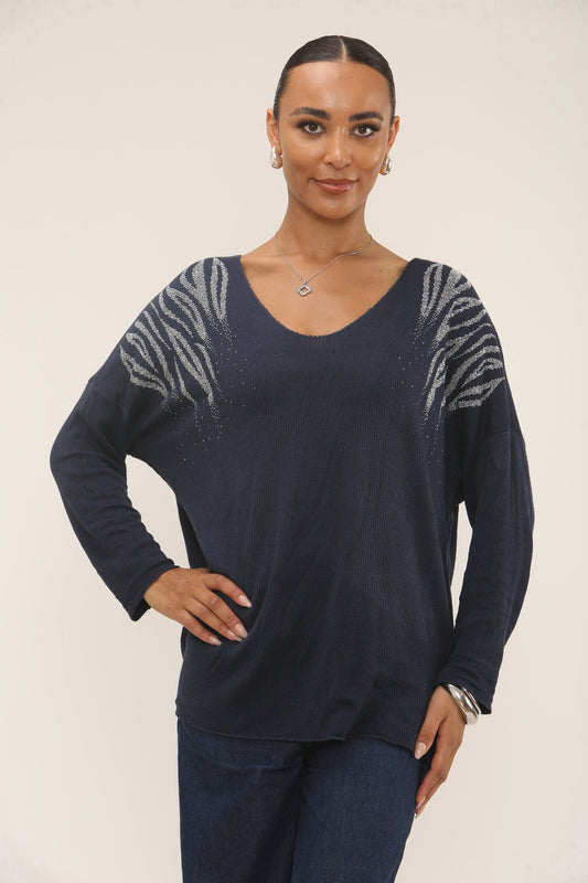 DIAMANTE TIJGERTRUI MET SCHOUDERS - NAVY