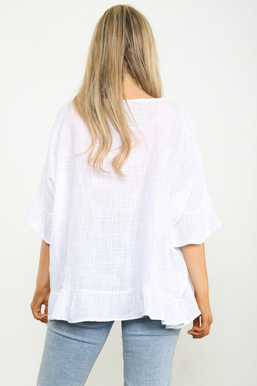 Ladies Frill Sleeve & Hem Plain Top White