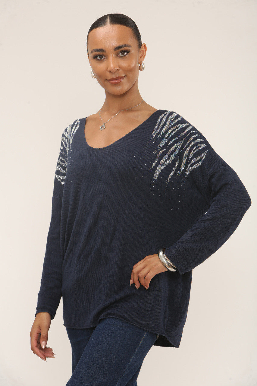 DIAMANTE TIJGERTRUI MET SCHOUDERS - NAVY