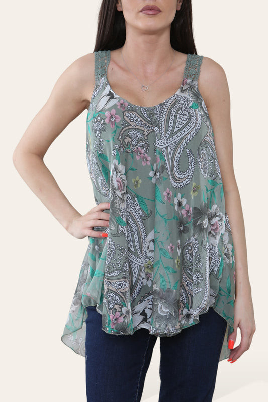FLORAL PAISLEY PRINT SLEEVELESS BLOUSE TOP KHAKI