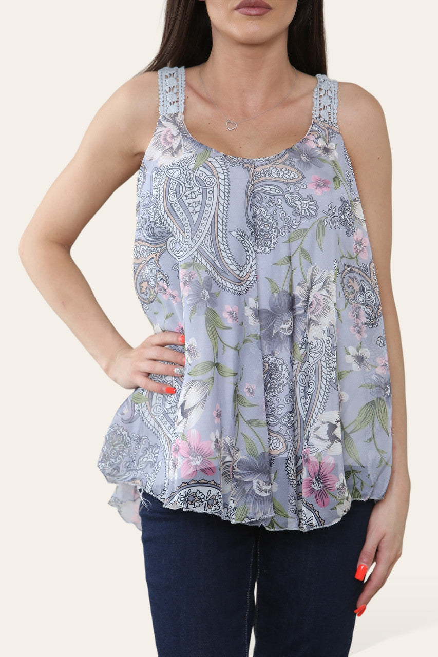 FLORALE PAISLEYPRINT MOUWLOZE BLOUSE TOP ZILVER