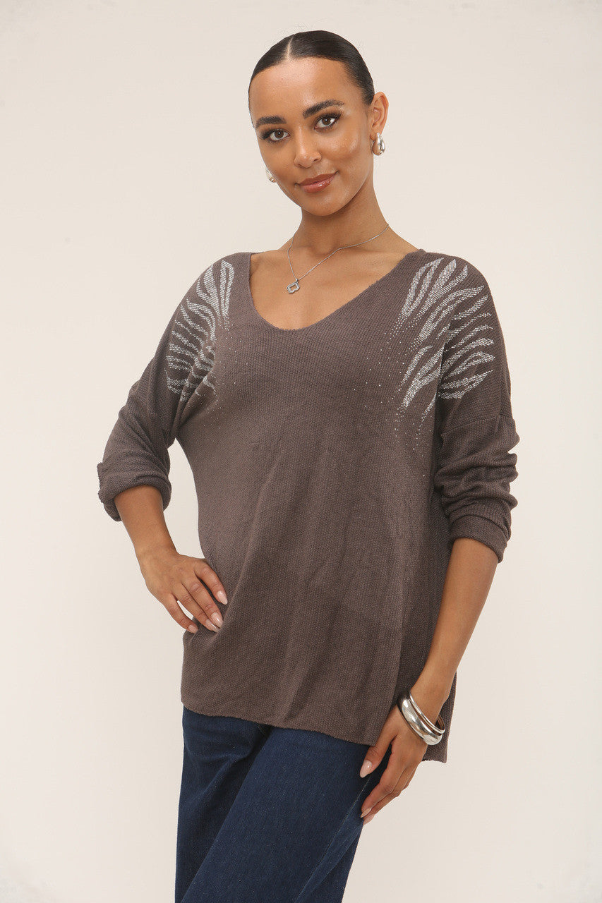 DIAMANTE TIGER SHOULDER JUMPER - BROWN
