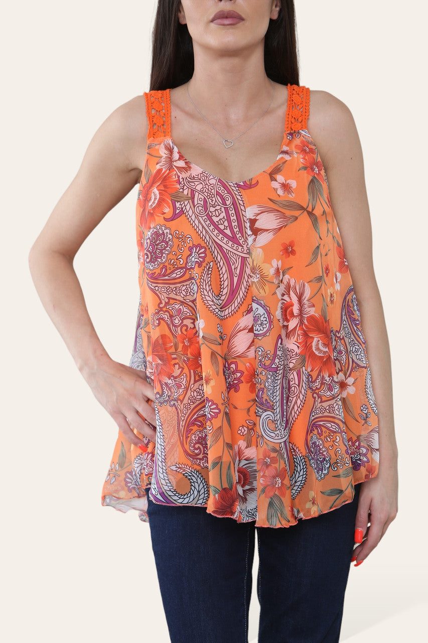 ORANJE MOUWLOZE BLOES MET BLOEMEN- EN PAISLEYPRINT