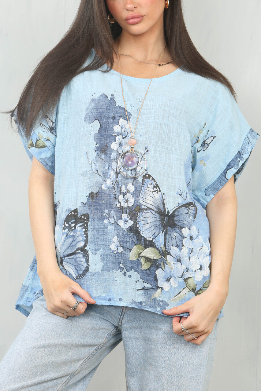 TOP MET VLINDERBOORDPRINT - LICHTBLAUW