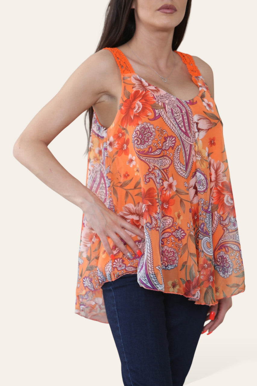ORANJE MOUWLOZE BLOES MET BLOEMEN- EN PAISLEYPRINT