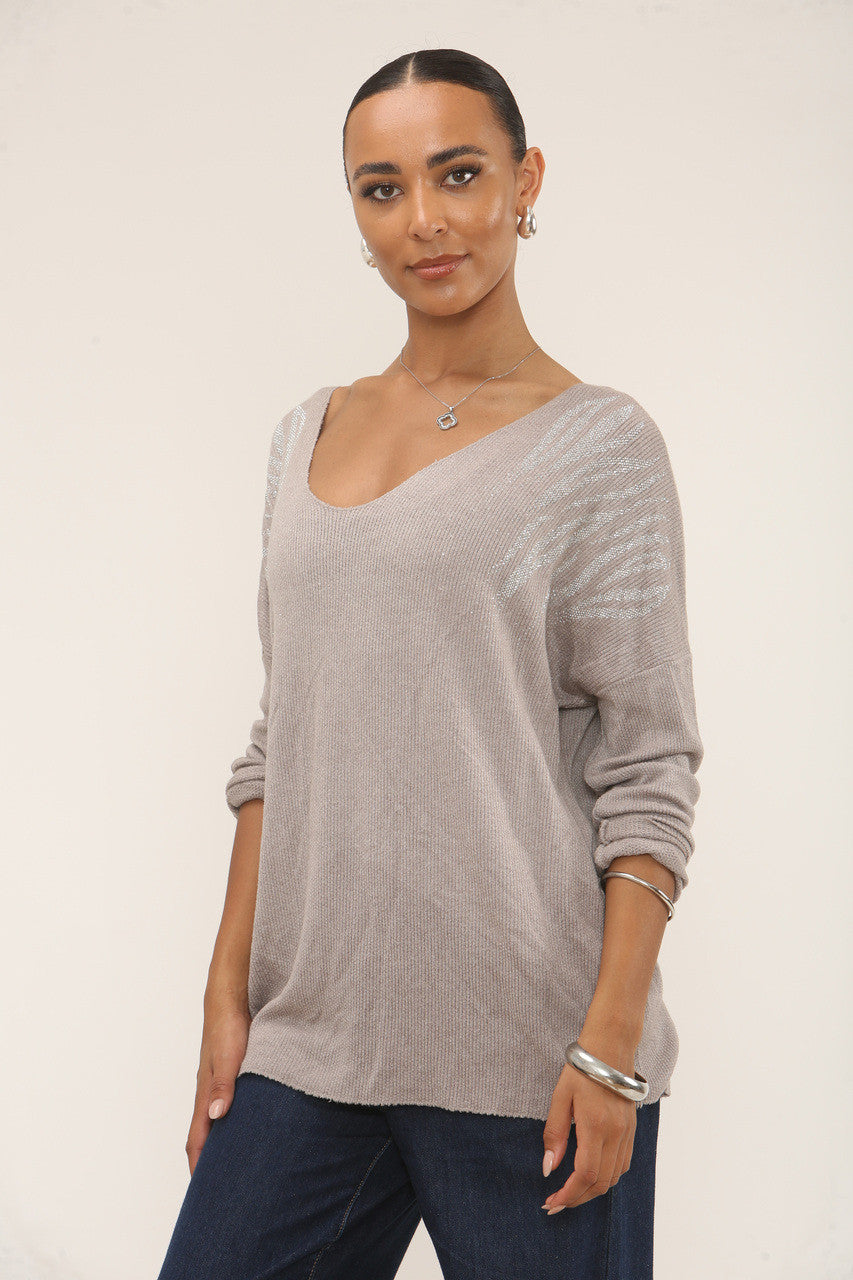 DIAMANTE TIGER SHOULDER JUMPER - TAUPE
