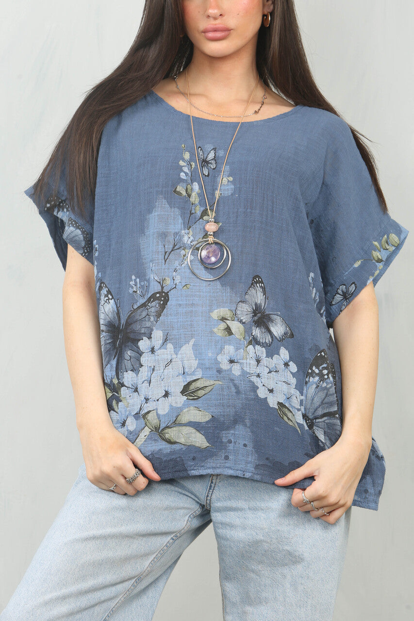 TOP MET VLINDERBOORDPRINT - DENIM