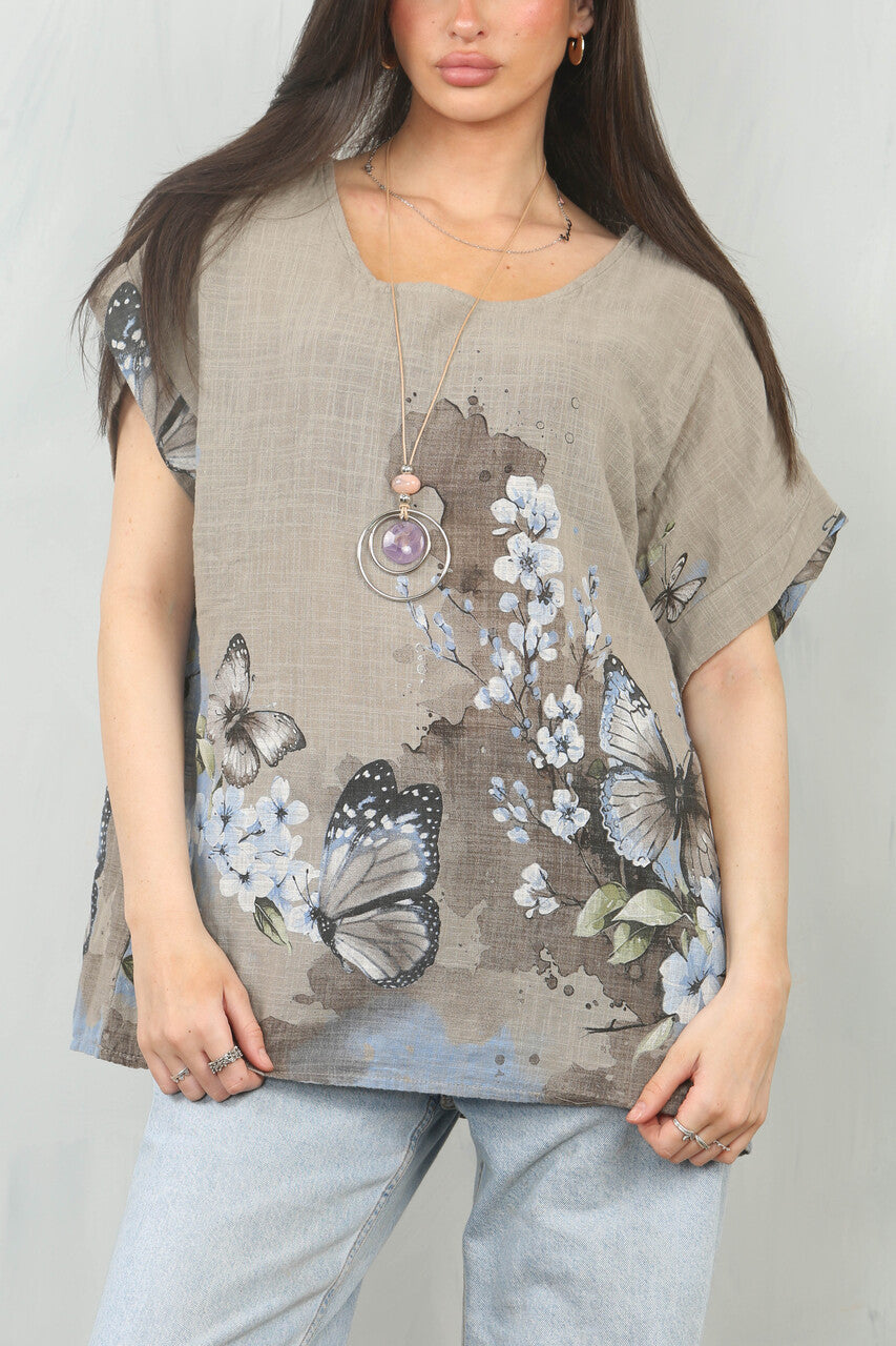 TOP MET VLINDERBOORDPRINT - TAUPE