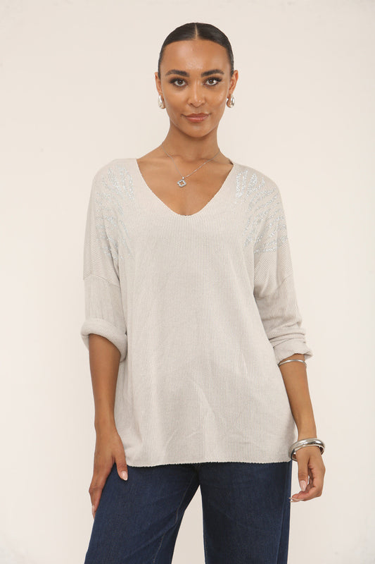 DIAMANTE TIGER SHOULDER JUMPER - STONE