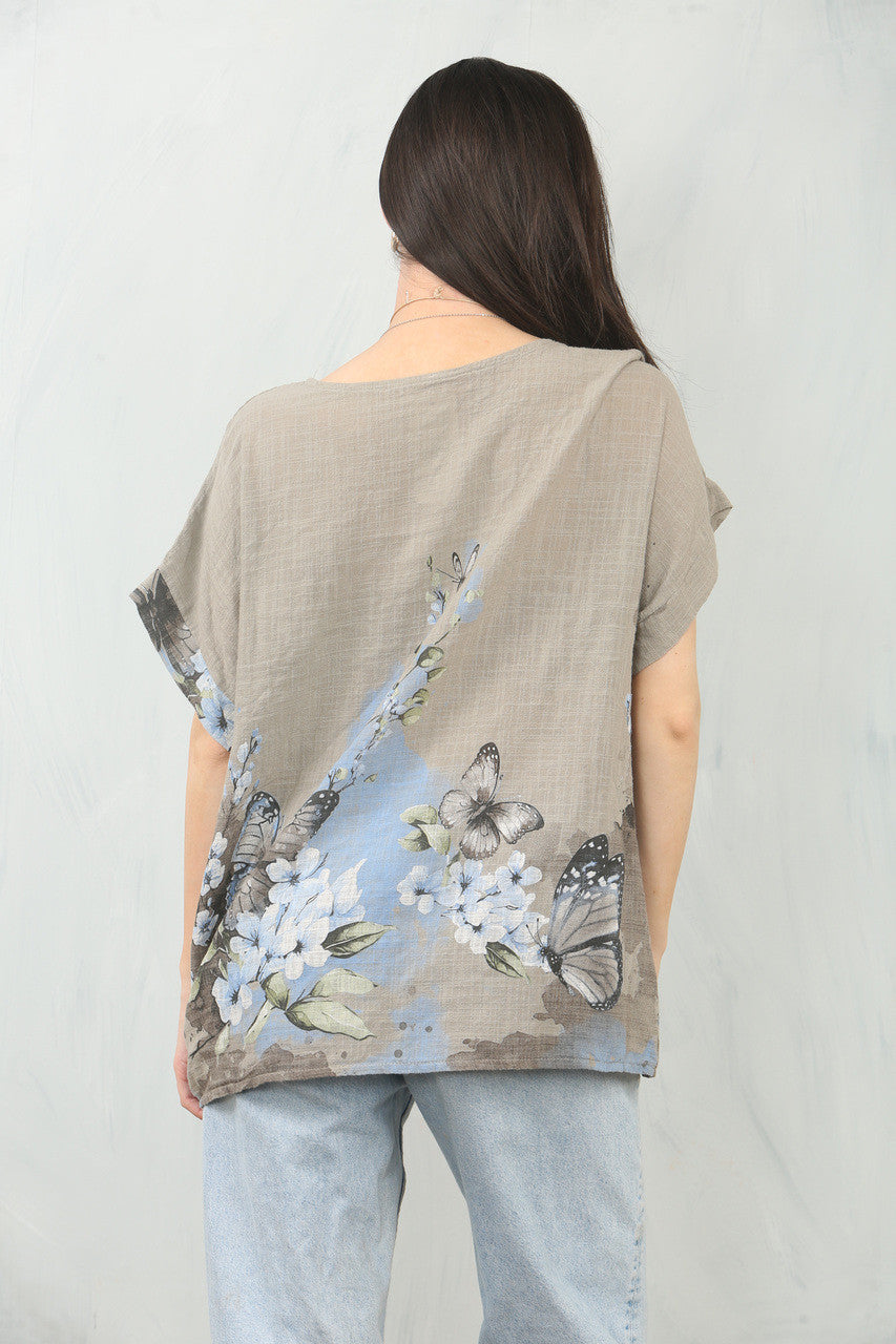 TOP MET VLINDERBOORDPRINT - TAUPE