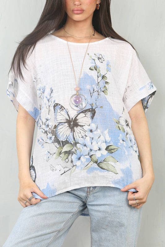 BUTTERFLY BORDER PRINT TOP - WHITE
