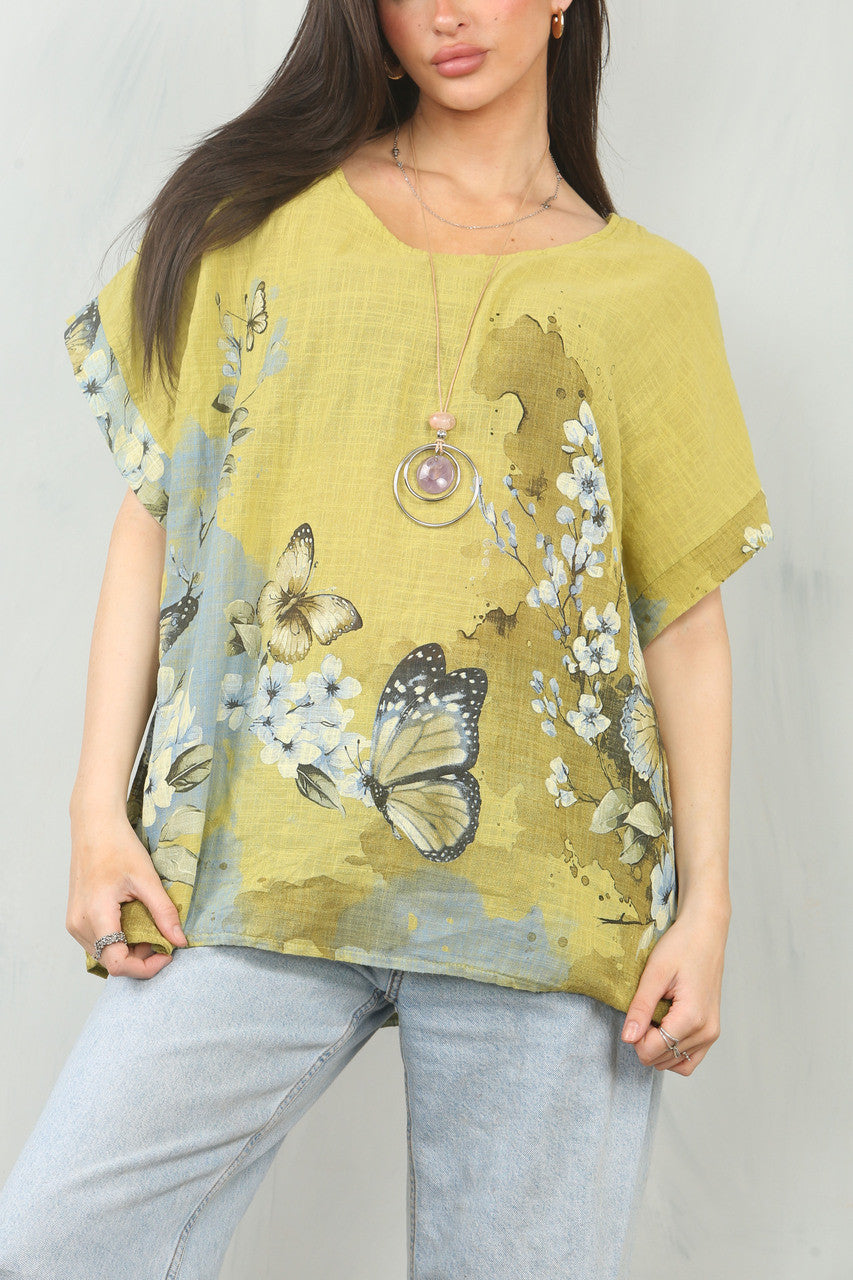 TOP MET VLINDERBOORDPRINT - MOSTERD