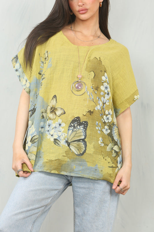 BUTTERFLY BORDER PRINT TOP - MUSTARD