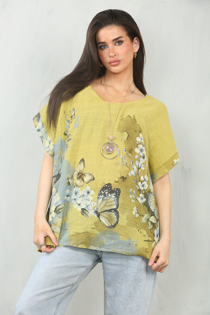 TOP MET VLINDERBOORDPRINT - MOSTERD