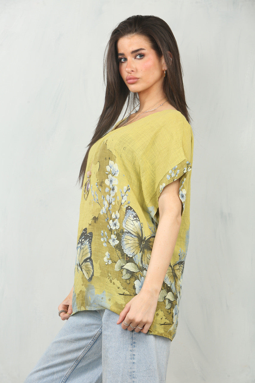 TOP MET VLINDERBOORDPRINT - MOSTERD