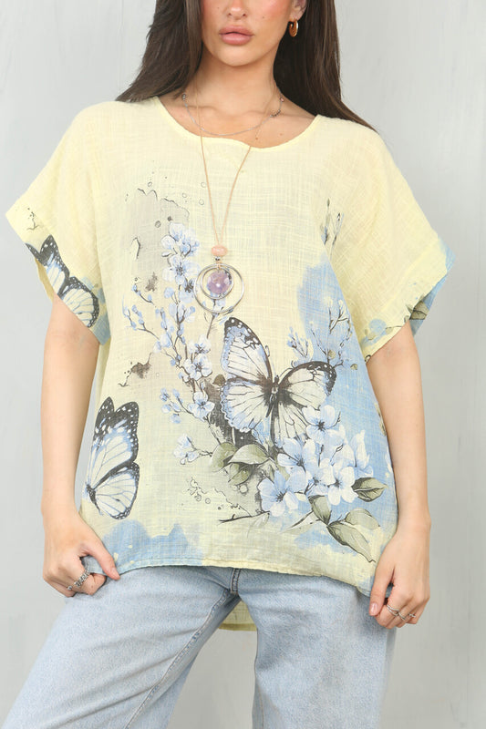 BUTTERFLY BORDER PRINT TOP - LEMON