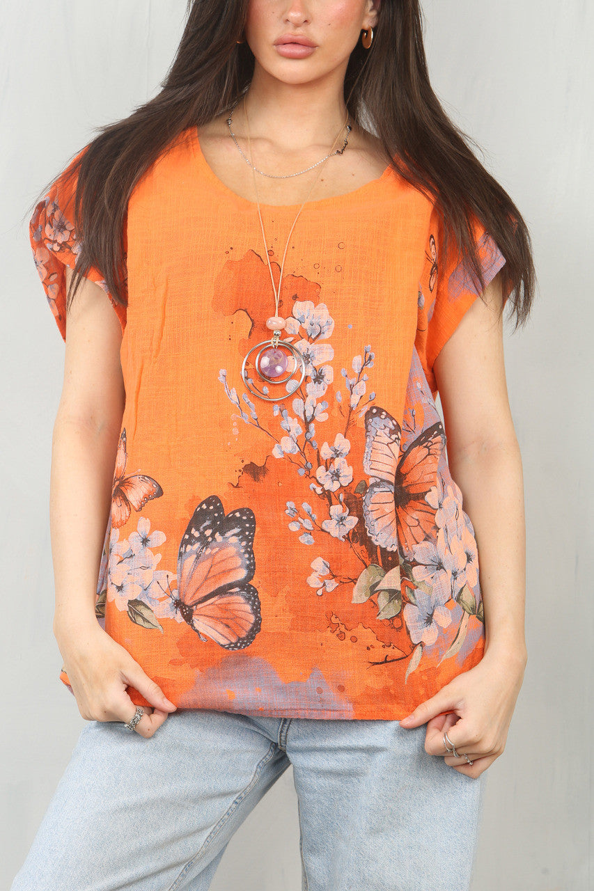 TOP MET VLINDERBOORDPRINT - ORANJE