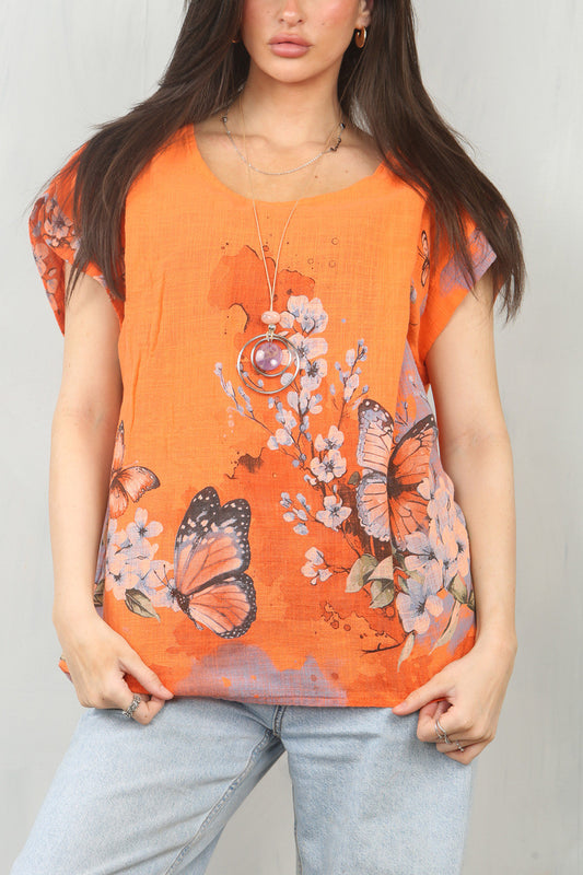 BUTTERFLY BORDER PRINT TOP - ORANGE