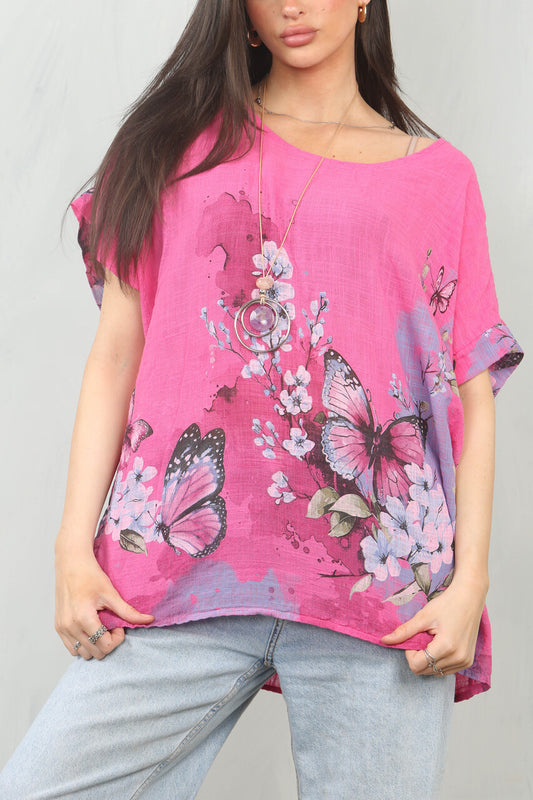BUTTERFLY BORDER PRINT TOP - CERISE