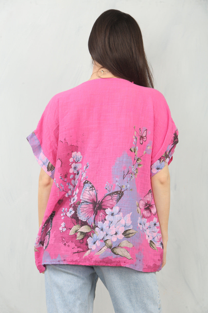 TOP MET VLINDERBOORDPRINT - CERISE