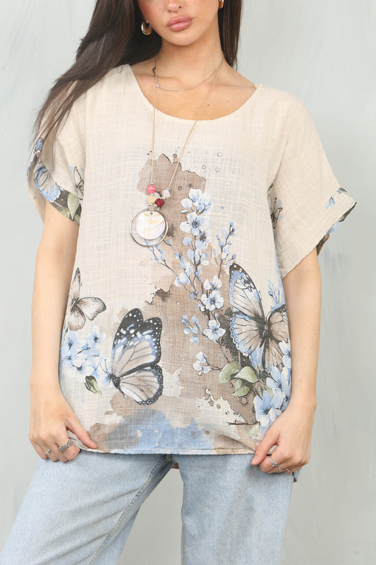 BUTTERFLY BORDER PRINT TOP - STONE