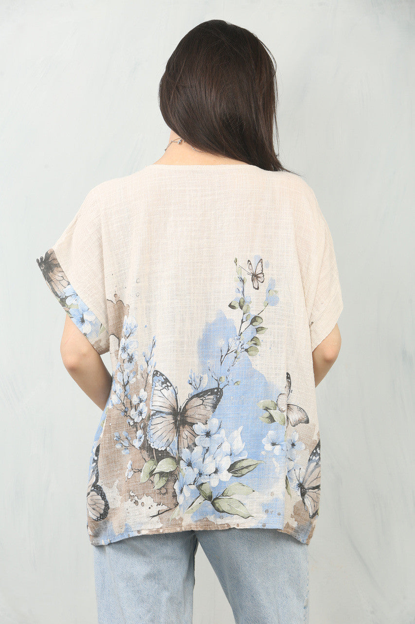 TOP MET VLINDERBOORDPRINT - STONE