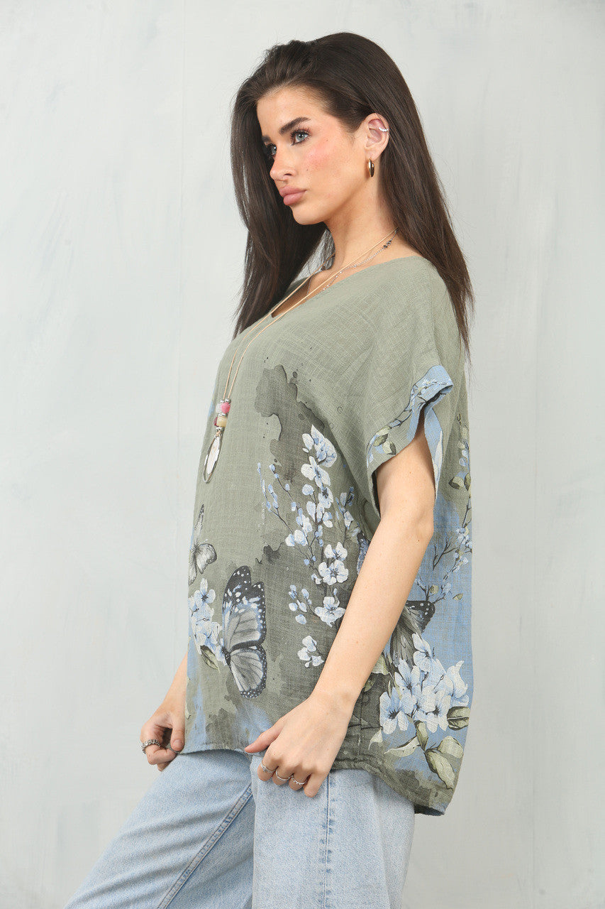 TOP MET VLINDERBOORDPRINT - KHAKI