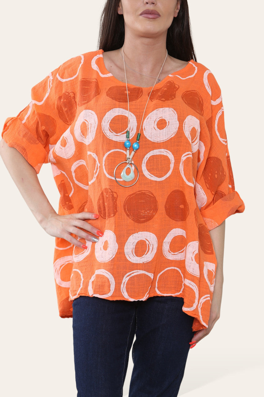 TOP MET CIRKELS EN SCHETSEN PRINT ORANJE