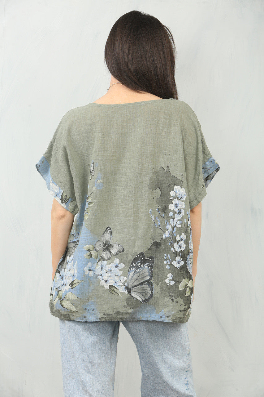 TOP MET VLINDERBOORDPRINT - KHAKI