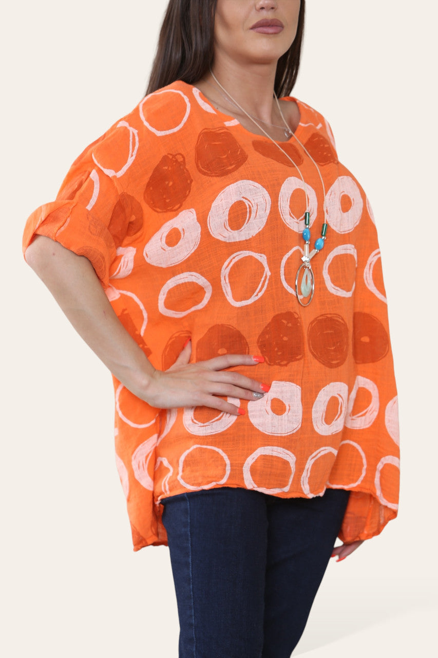 TOP MET CIRKELS EN SCHETSEN PRINT ORANJE
