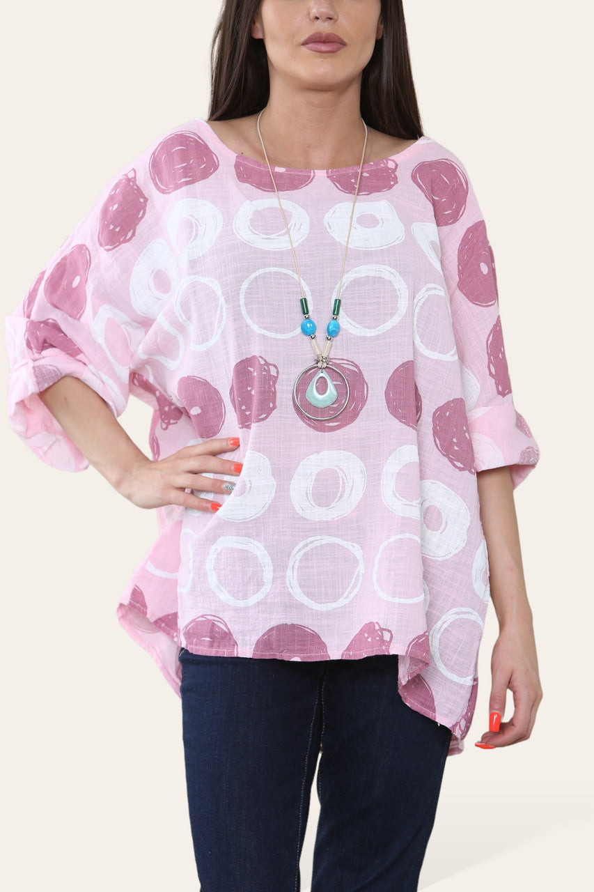 RONDE SCHETS PRINT TOP ROZE