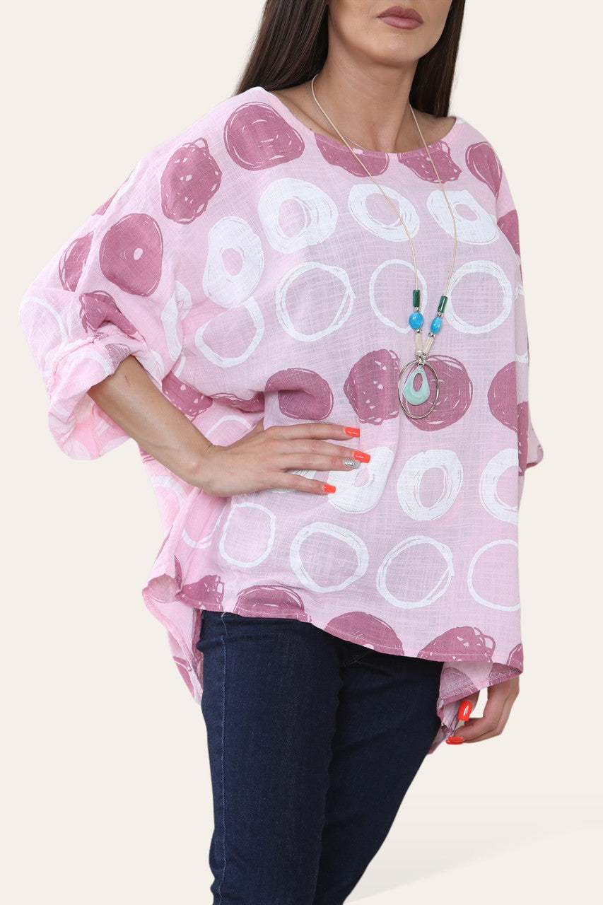 RONDE SCHETS PRINT TOP ROZE