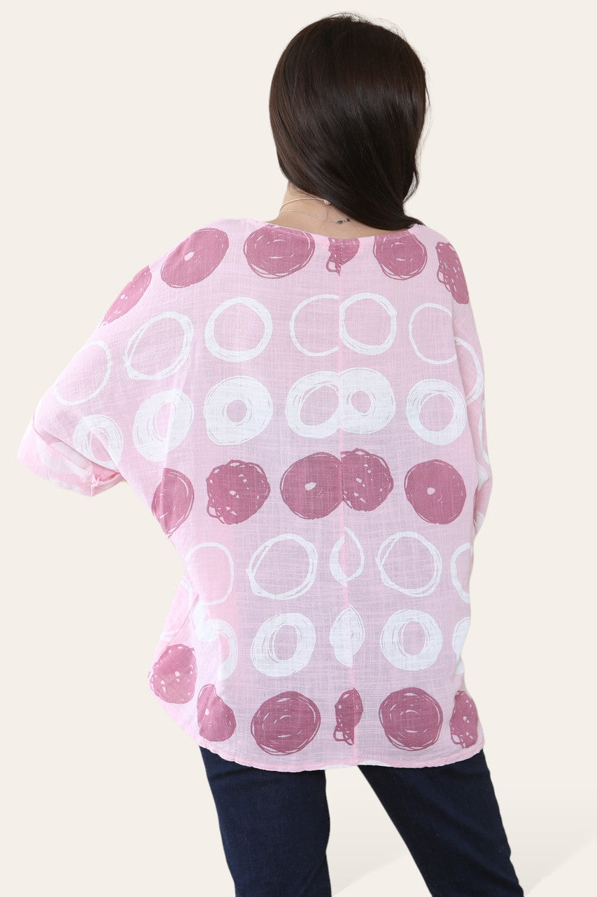 RONDE SCHETS PRINT TOP ROZE
