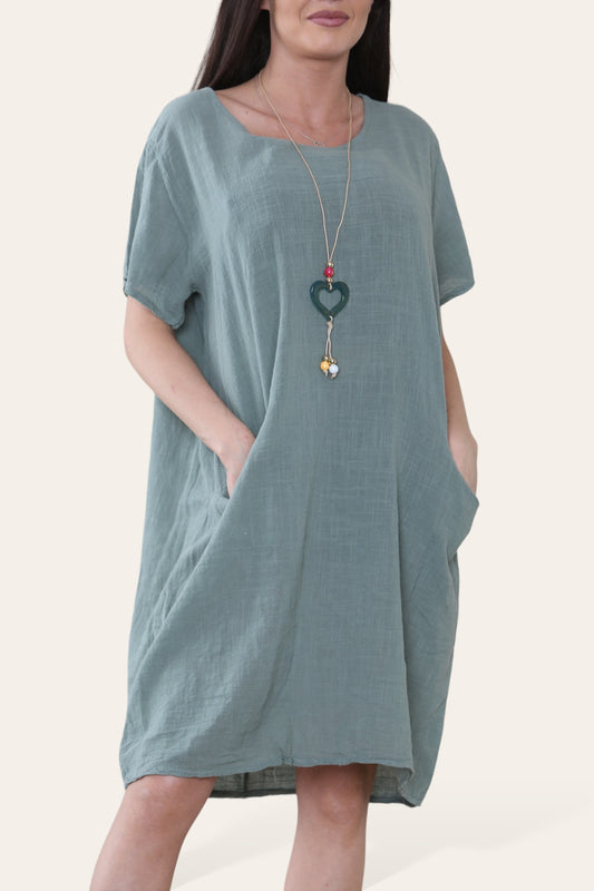 PLAIN TUNIC DRESS WITH POCKETS & NECKLACE KHAKI