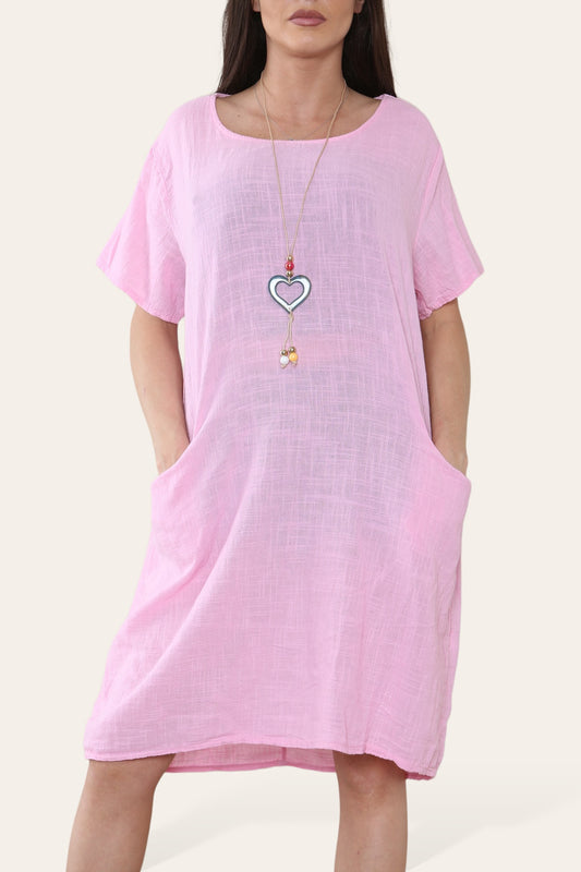 PLAIN TUNIC DRESS WITH POCKETS & NECKLACE PINK