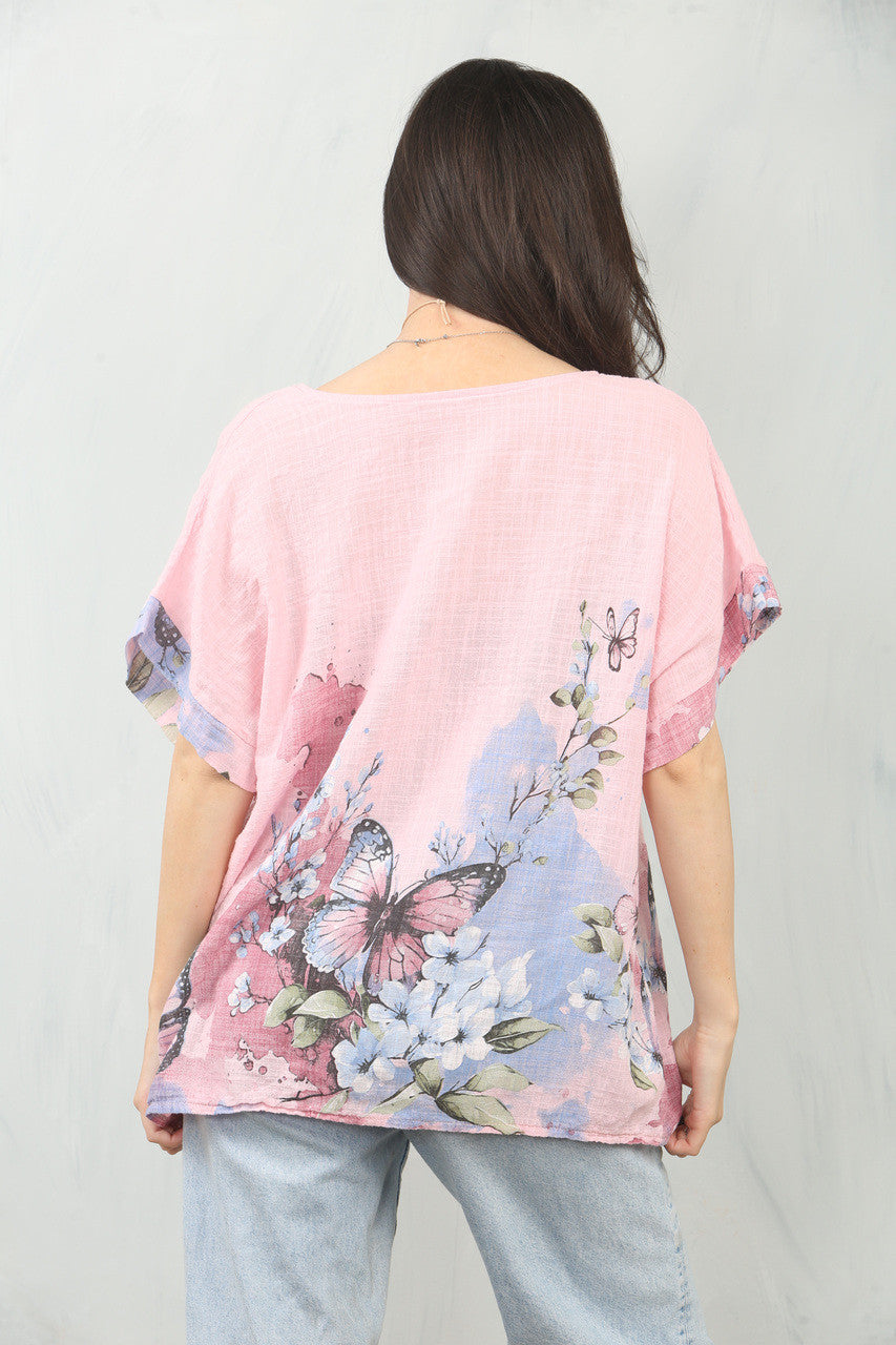 TOP MET VLINDERBOORDPRINT - ROZE